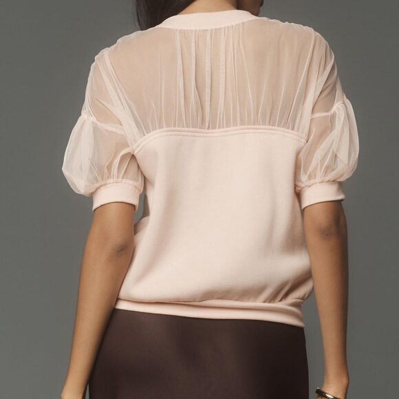 Maeve Anthropologie Inset Shoulder Pullover Knit Top Medium Pink Mesh - Picture 2 of 13